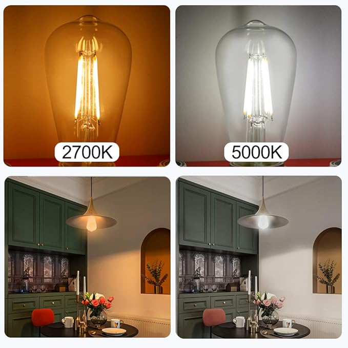 Energetic ST19 Vintage LED Edison Bulbs, 60 Watt Equivalent, ST64 LED Filament Bulbs, CRI 95+, Daylight 5000K, Non-Dimmable, E26 Standard Base, 6 Pack