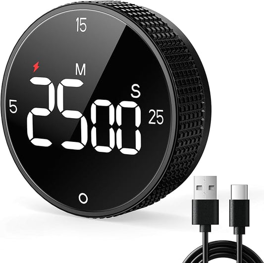 USB Rechargeable Magnetic Kitchen Timer for Cooking, Building 800mAh Battery Large Display Digital Countdown Countup Timer, 3 Preset 5/15/25 Mins Loud Alarm for Baking Grilling Studying