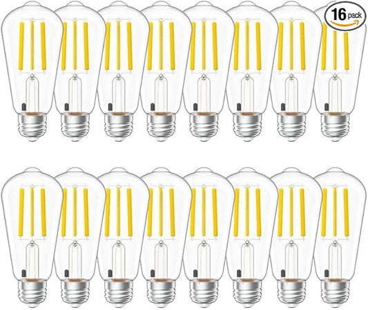 Sunco 16 Pack Dusk to Dawn Indoor Residential Vintage LED Edison Bulbs 75W Equivalent 7W, 850 Lumens Non-Dimmable ST58 Filament, ST18, 2700K Soft White, E26 Medium Base 120V Clear Glass Light Bulbs