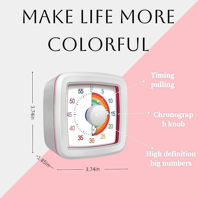 Visual Timer for Kids Adults, 60-Minute Countdown Timer for Classroom, Kitchen,Office, Pomodoro Timer Time Management Tools for Toddler ADHD(White)