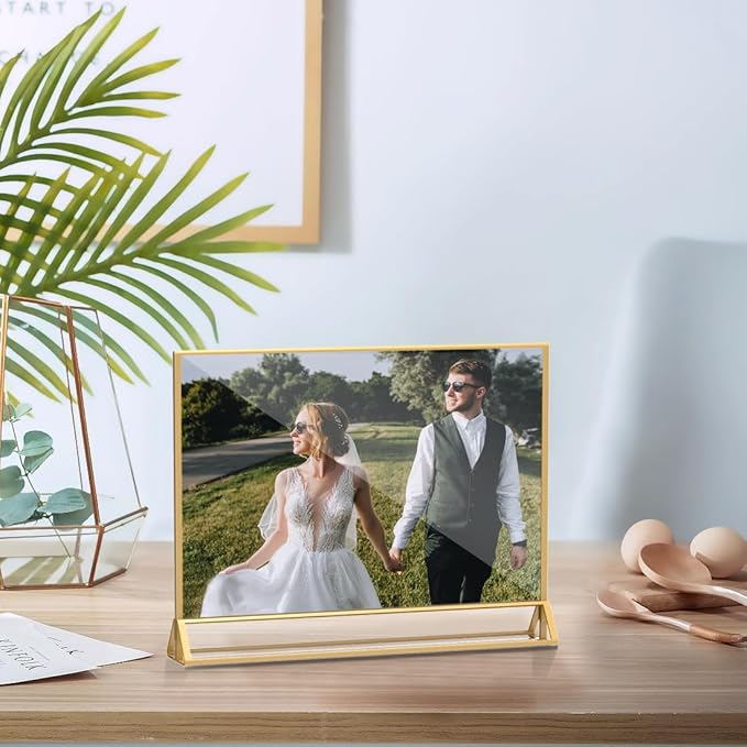 Clear Acrylic Sign Holder 11x 8.5 Horizontal Double Sided Gold Frame Flyer Holder for Wedding Table Number Menu Holder (6pcs)