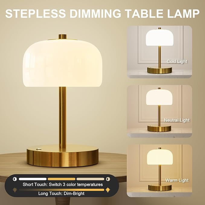 Oneach 9" Cordless Table Lamps Set of 2, Gold Rechargeable Battery Operated Lamp, 3-Way Stepless Dimming Touch Mushroom Lamps, Small Glass Nightlight for Bedroom Dining Table Living Room Shelf Decor
