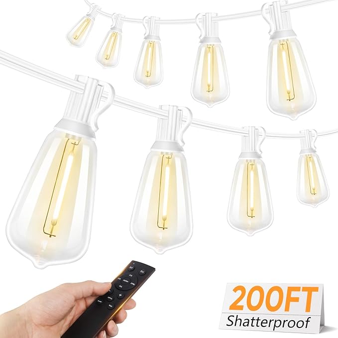 Brightever Outdoor String Lights with Remote, 200FT LED Patio Lights with 62 ST38 LED Filament Bulbs, 3 Lighting Modes, 3H/5H Timer, Waterproof IP65 String Light for Outside, E12 Socket Base, White