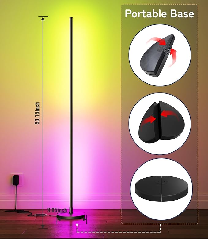 luckystyle Smart RGB Corner Floor Lamp,Bright LED Tall Modern Floor Lamp with APP and Remote,Ambient Lighting Color Changing Standing Lamps with Music Mode and Timing for Living Room,Bedroom,Party