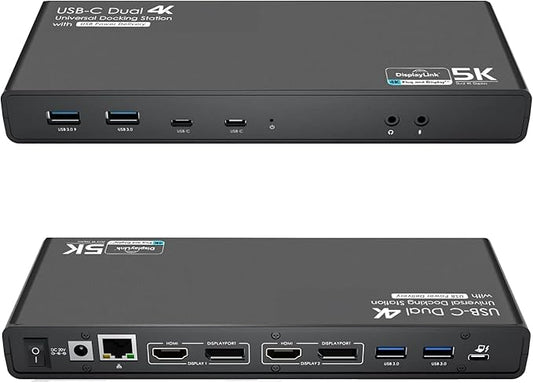 WWT Universal USB C Laptop Docking Station Dual Monitors 5K/4K@60Hz with 65W Host Charging for Thunderbolt 4/3, USB-C Windows, OS, Chrome, Ubuntu 20.04,22.04(2HDMI, 2DP, 6USB 3.0, 1Gbps Net)