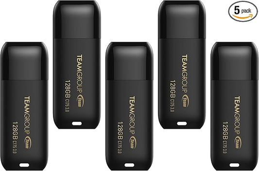 TEAMGROUP C175 128GB 5 Pack USB 3.2 Gen 1 (USB 3.1/3.0) Read 100MB/s Flash Thumb Drive, External Data Storage Memory Stick Compatible with Computer/Laptop Matte Black TC1753128GB21