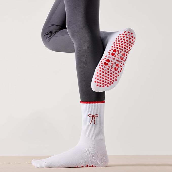 3 Pairs Cute Pilates Socks with Grips for Women Non Slip Yoga Socks Grippy Crew Socks Embroidery Pattern for Workout Ballet