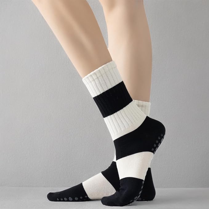 Yoga Pilates Socks with Grips for Women Non Slip Striped Cushioned Crew Socks for Barre Ballet Dance