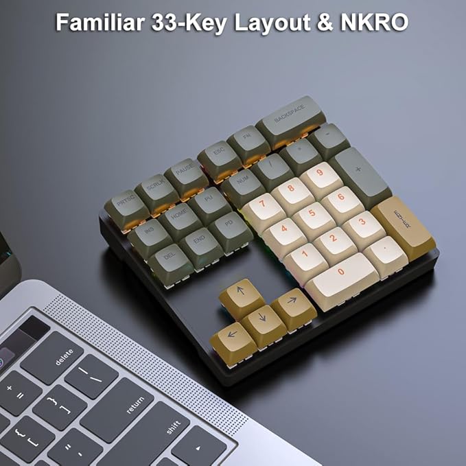Mechanical Numpad Rainbow Backlit Clicky Blue Switches Wired USB Number Pad 33-Key NKRO Numeric Keypad with XDA PBT Keycaps External Keyboard Num Pad for Laptop, Mac - Brown Grey