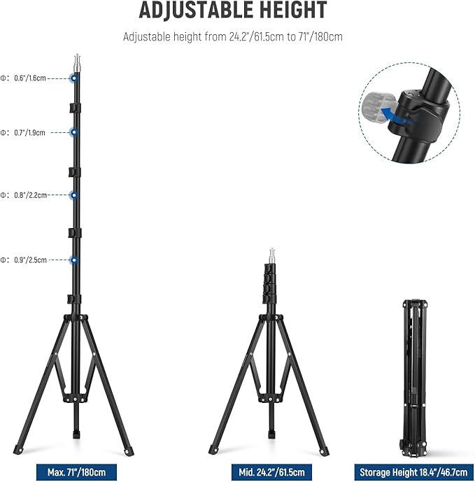NEEWER 71" Portable Metal Camera Tripod Stand, Reverse Folding Light Tripod with LED Light Ring, Reflector, Flip Locks for Live Streaming, Vlog, Video Recording, ST180R