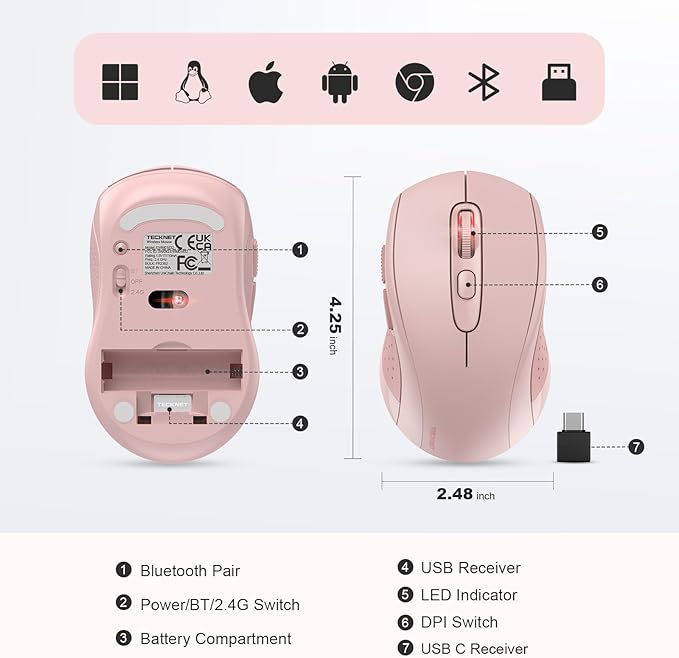 TECKNET Bluetooth Mouse, 4000DPI Wireless Mice for Laptop 2-in-1(BT 5.0/3.0+2.4Ghz) Computer Portable PC Mouse Wireless with USB Receiver for Mac (USB-A/C+Bluetooth, Pink)