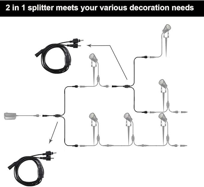 2-in-1 Splitter for Landscape Lighting Garden Path Lights, Connect Two Row Lights to One Adapter