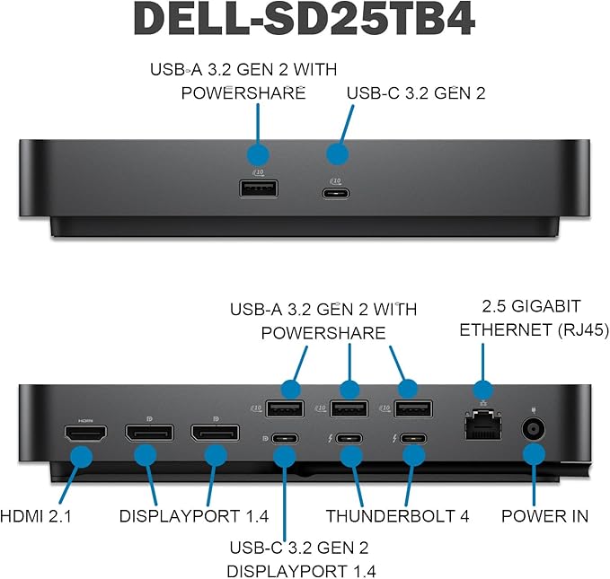 Dell Pro Thunderbolt 4 Smart SD25TB4 Docking Station, Thunderbolt 4 Dock Support for up to 4 60Hz Displays - 3 Year Warranty, SD25TB4 with 180W Power Adapter + 130W Power Delivery + HDMI Cable