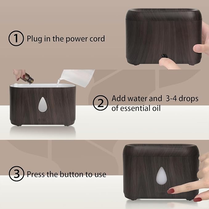 Flame Diffuser for Essential Oils, 200ml Ultrasonic Aroma Diffusers with Cool Mist, Aromatherapy Diffuser with Auto-Off Protection (Dark Wooden Grain, Unscented)