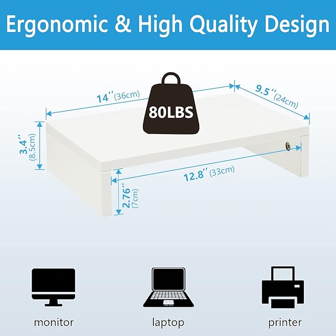 TEAMIX 14.2 inch White Monitor Stand Riser, Wood Monitor Riser with Storage for Desk Small Monitor Stand TV/Screen/PC/Laptop Riser Computer Stand Desktop Shelf (White-14.2 inch)