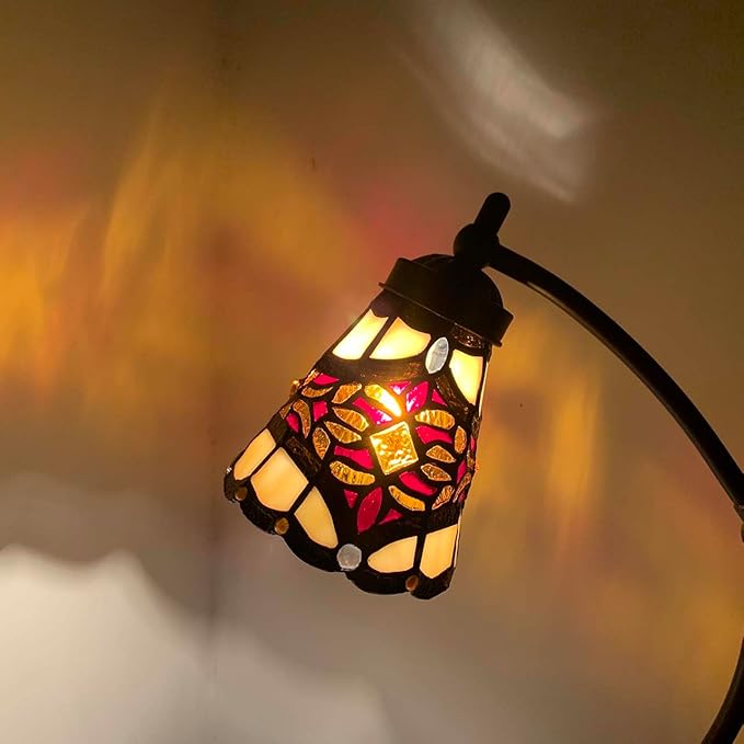 Bieye L10870 Tiffany Style Stained Glass Table Lamp Night Light with Swing Arm Base for Working Reading Home Decoration (Baroque Red)