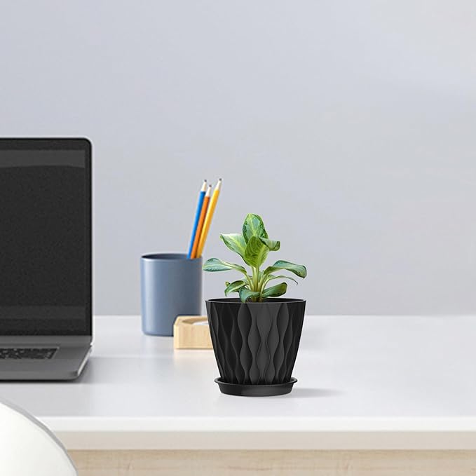 4 inch Small Plastic Nursery Pots, Seedling Pots, 5 Set Water Ripples Plant Pots for Indoor Plants, Flower Pots with Drainage Holes and Saucers, Seed Starter Pots for Succulent Plants, Black