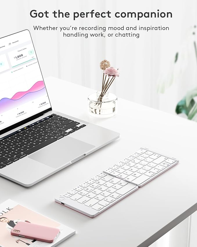Samsers Foldable Bluetooth Keyboard - Portable Wireless Keyboards with Stand Holder, Rechargeable Full Size Ultra Slim Folding for iOS Android Windows Smartphone Tablet and Laptop, White-Pink