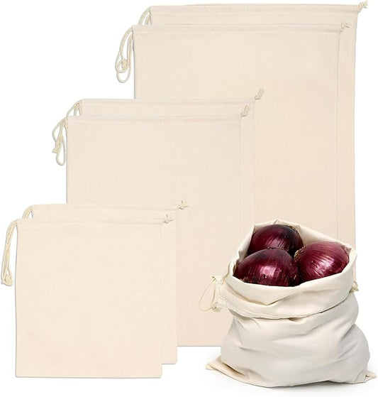 6PC Canvas Drawstring Bags, 3 Size (M, L, XL) Cotton Bag Easy to Use, Reusable Produce Bags for Vegetables, Fruits and Bread