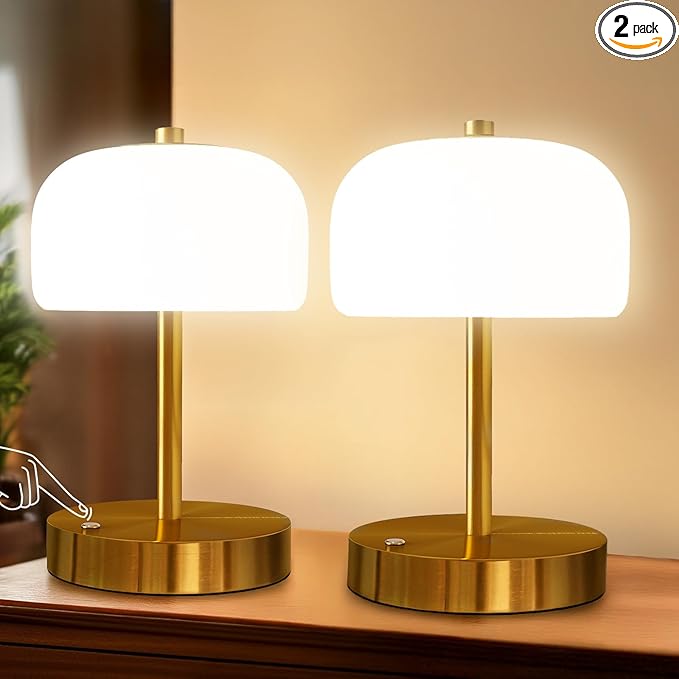 Oneach 9" Cordless Table Lamps Set of 2, Gold Rechargeable Battery Operated Lamp, 3-Way Stepless Dimming Touch Mushroom Lamps, Small Glass Nightlight for Bedroom Dining Table Living Room Shelf Decor