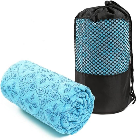 Yoga Towel, Hot Yoga Mat Towel - Sweat Absorbing Non-Slip for Hot Yoga, Pilates and Workout, 24x72 inches with Upgraded Clover-Shaped Grip Dots (Light Blue)