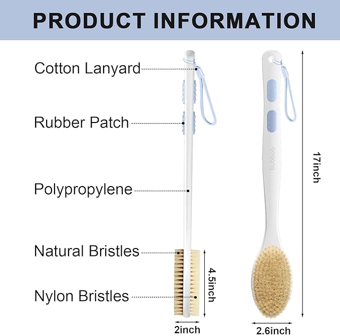 Back Scrubber, Back Scrubber for Shower, Bath Brush Long Handle for Shower with Double Sided Bristles for Wet or Dry Brushing (Blue)