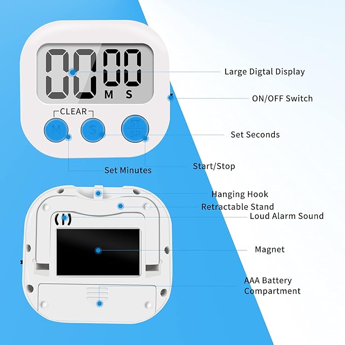 6 Pack Small Digital Kitchen Timer Magnetic Back and ON/Off Switch,Minute Second Count Up Countdown (Multicolored)