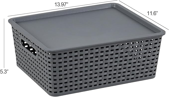 6 Pack Plastic Woven Storage Baskets with Lids, Lidded Organizer Baskets, 13.97" x 11.6" x 5.3", Grey