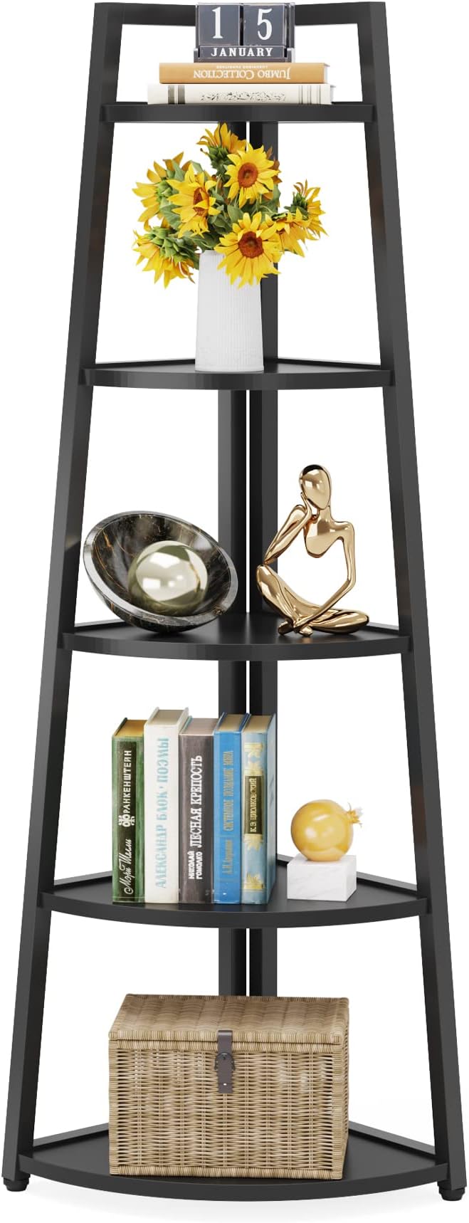 Tribesigns 70 inch Tall Corner Shelf, 5 Tier Modern Corner Bookshelf Bookcase Industrial Corner Ladder Shelf Plant Stand for Living Room, Kitchen, Home Office (Black)