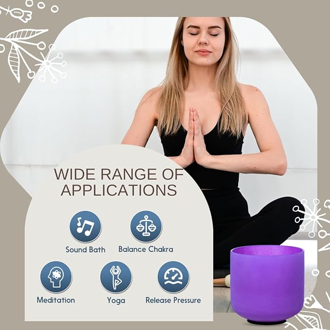 Purple B Note Crown Chakra 8 inch Quartz Crystal Singing Bowl, for Healing Mindfulness Meditation Yoga Sound Baths, with Case Rubber Mallet