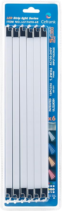 Led Light Strips Kit, (6) 12’’ Linkable Light Bars + Rocker Switch + UL Power Adapter, Under Cabinet Lighting for Locker Closet Shelf, Showcase Lighting, 6000K Cool White