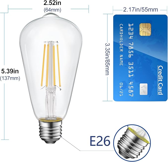 Energetic ST19 Vintage LED Edison Bulbs, 60 Watt Equivalent, ST64 LED Filament Bulbs, CRI 95+, Daylight 5000K, Non-Dimmable, E26 Standard Base, 6 Pack