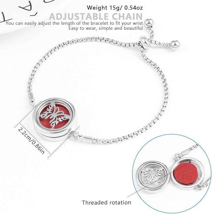 Essential Oil Diffuser Bracelet Aromatherapy Locket Adjustable Bracelet Stainless Steel Butterfly Bracelet with 10 Pcs Refill Pads for Women Girls