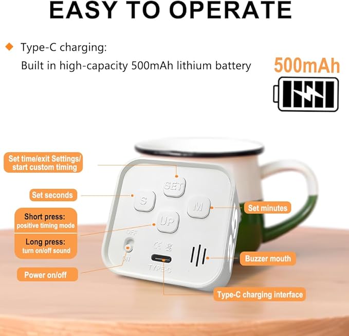 Visual Rotating Timer with 5, 10, 25 50 Minutes Preset, Desk Cube Count Down/up Timer, Rechargeable Custom-time Mute/Sound, Ideal for ADHD Work Learning Kitchen, White