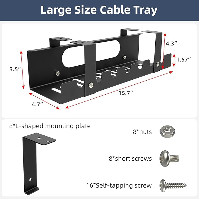 2 Pack Cable Management Under Desk Tray,Adjustable Length(15.7”-31.4”) Large Cord Organizer for Wire Management Tray,Under Table Cord Wire Organizer for Home,Office,Computer Desk