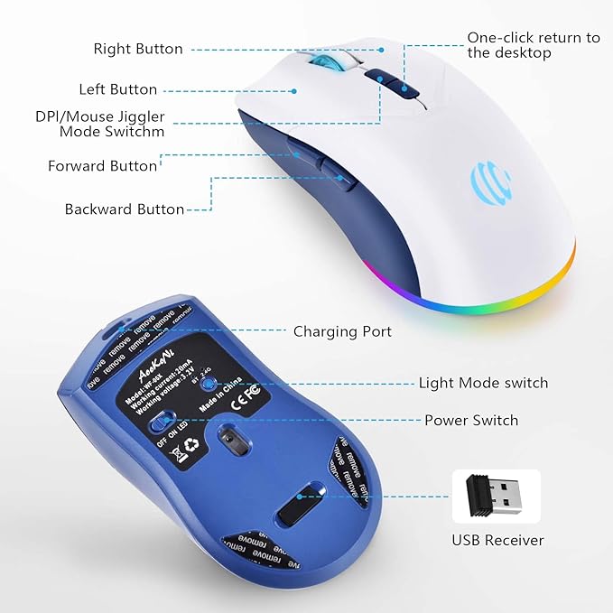 Wireless Bluetooth Mouse, Rechargeable USB Optical Mouse, 3 Adjustable DPI, LED Silent Dual Mode(Bluetooth 5.2 and 2.4G) Wireless Mouse for Mac, Laptop, PC, Android, Windows