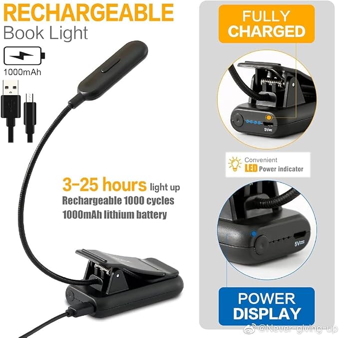 VAVOFO Clip On Rechargeable Reading Light, 7 LEDs with 3 Colortemperature 9 Brightness Levels Book Lights for Reading in Bed with Power Indicator for Bookworms (2 Pack Black)