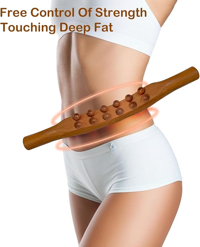 Wood Therapy Massage Stick, 2 in 1 Double Row 12 Beads Maderoterapia Kit Wood Gua Sha Massage Tool, Wooden Gua Sha Lymphatic Drainage Massager Tool for Body Shaping