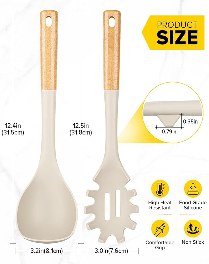Silicone Soup Ladle and Spaghetti Spoon Set with Wooden Handle, Non Stick Heat Resistant Kitchen Utensils for Cooking, Stirring, Serving Pasta, Soup & Sauce(KHAKI)