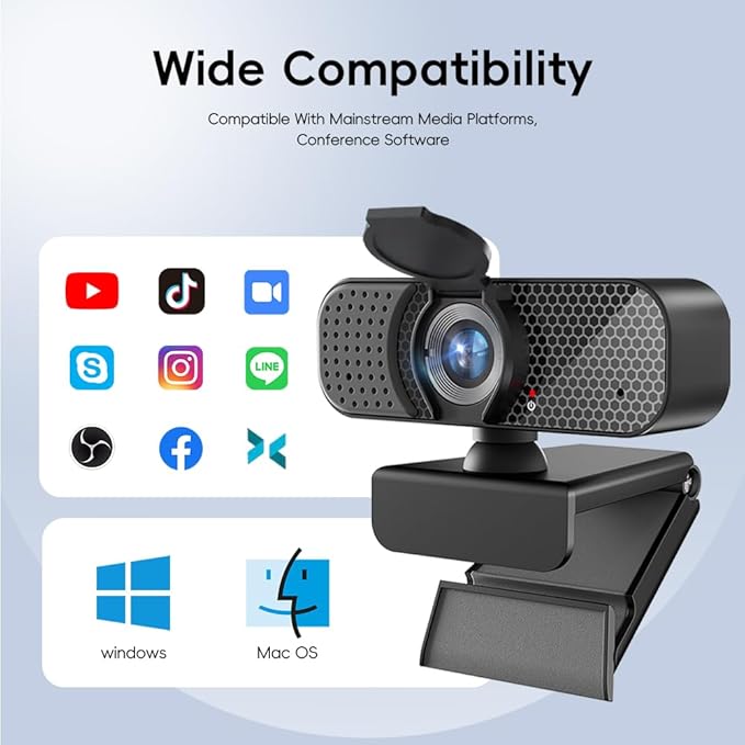 1080P USB Webcam with Dual Mics & Privacy Cover, Autofocus, Plug-and-Play, Wide-Angle, Low-Light; Adjustable Clip & 1/4" Tripod; Compatible with Windows/Mac/ChromeOS; Zoom/Teams/OBS