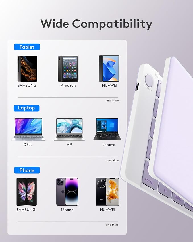 Samsers Bluetooth Foldable Keyboard, Wireless Portable Folding Keyboard, Full-Size Ultra-Slim Rechargeable Connect Up to 3 Devices for iOS Android Windows Phone Tablet and Laptop, Purple