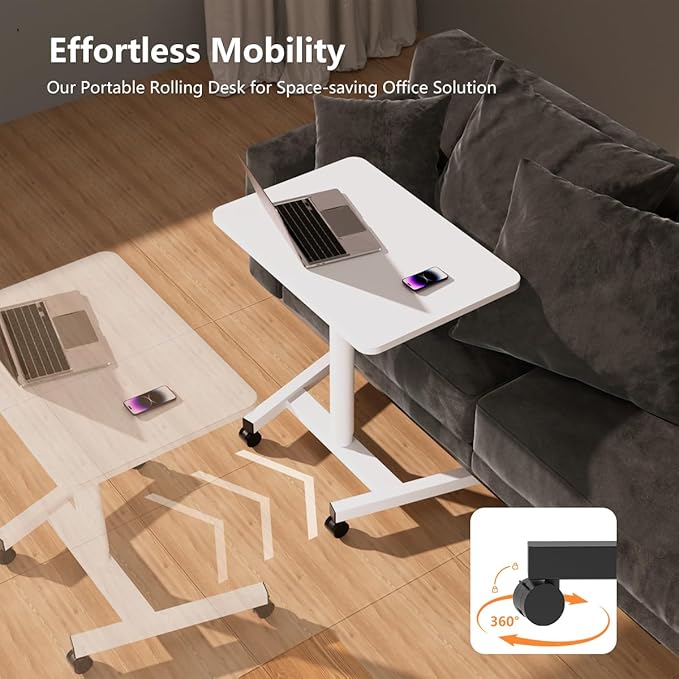 28-Inch Mobile Standing Desk Adjustable Height, Portable Standing Desk with Lockable Wheels, Rolling Table for Home Office Classroom Hospital (Snow-White)