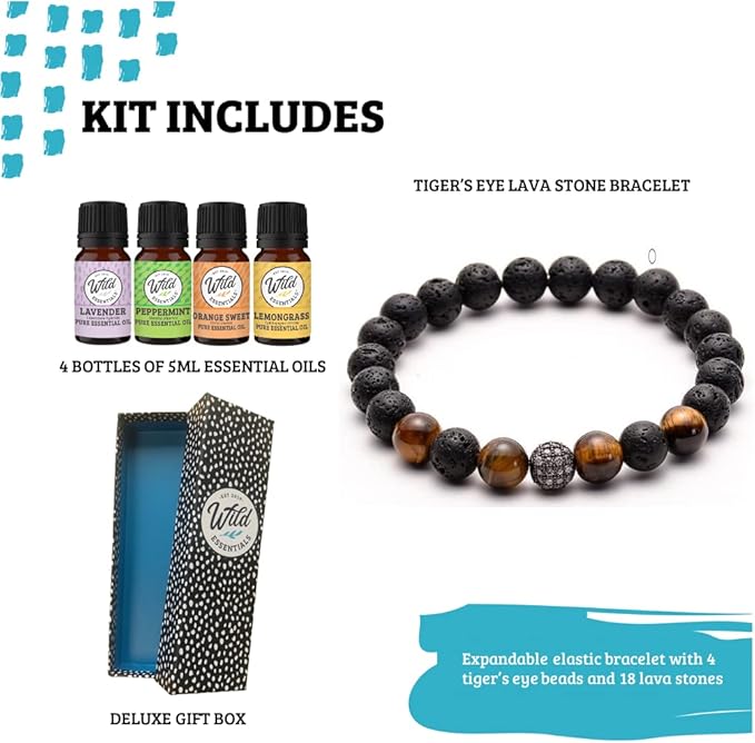 Wild Essentials Tiger Eye Lava Stone Essential Oil Diffuser Bracelet, Expandable up to 8 inches, Aromatherapy Jewelry Gift Set and 100% Pure Oils (Lavender, Lemongrass, Orange and Peppermint)