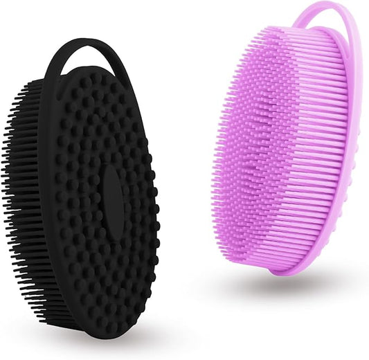 2 Pack Silicone Body Scrubber with Loofah Exfoliating Soft Body Shower Scrubber for Body, 2 in 1 Bath and Shampoo Wash Brush for Skin Exfoliation Men Women (Purple&Black)