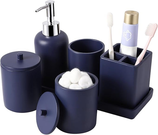 Resin 6 Pcs Navy Blue Bathroom Set Complete with Toothbrush Holder, Lotion Soap Dispenser, 2 Qtip Holder Dispensers,Vanity Tray,Bathroom Tumbler - Countertop Vanity Organizer - Bathroom Accessories