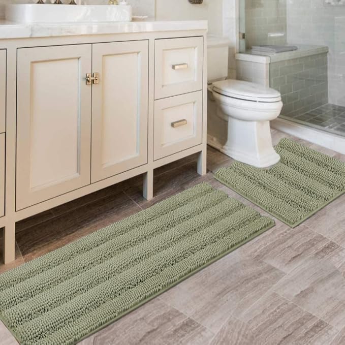 H.VERSAILTEX Bathroom Rug Sets 2 Piece Bath Mats Non Slip Thick Soft Chenille Striped Bath Rug achine Washable Shower Floor Rugs for Tub, Shower and Floor (Eucalyptus Green, 47"x17" Plus 20"x20" U)
