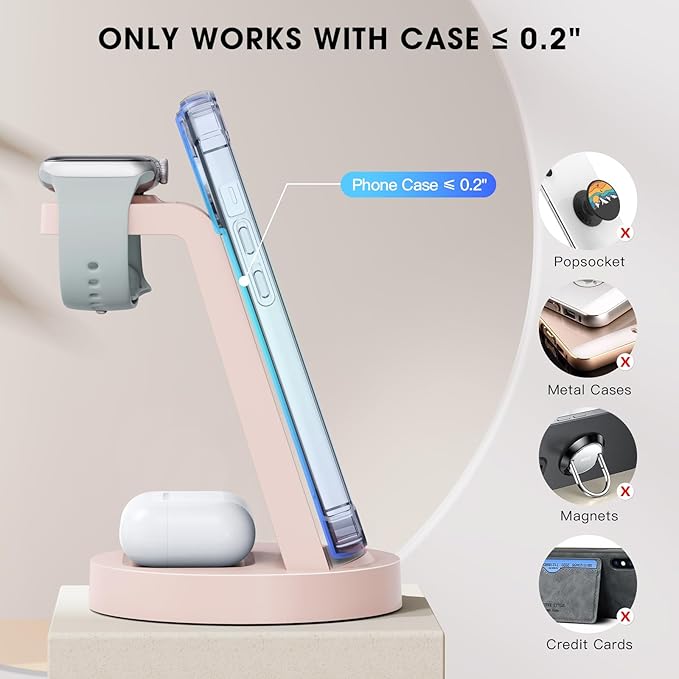 Anlmz 3 in 1 Charging Station for iPhone, Wireless Charger for iPhone 17 16e 16 15 14 13 12 11 X Pro Max & Apple Watch - Charging Stand Dock for AirPods (Pink)