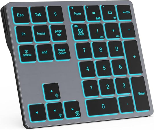 Doohoeek Bluetooth & 2.4G USB Wireless Numeric Keypad for Laptops, PC Computers Macbooks & Tablets, Dual Mode Number pad 34 Keys with 7-Color Backlit for Windows, MacOS & iOS, Gray