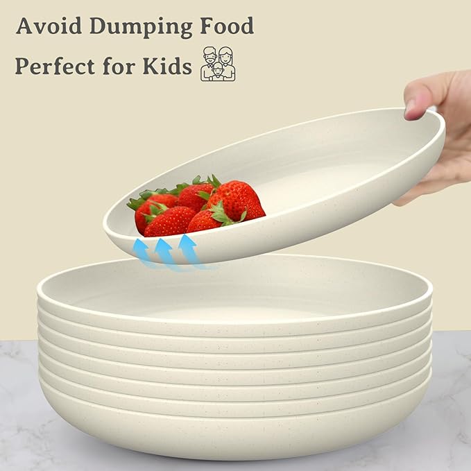 Large Wheat Straw Dinner Plates - 11 Inch Set of 8 - Unbreakable, Dishwasher & Microwave Safe - Deep Edge for Kitchen & Camping (Beige)