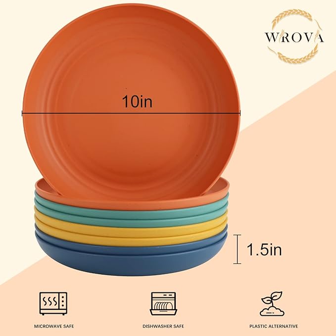 Wheat Straw Plates - 10 Inch Unbreakable Dinner Plates Set of 8 - Dishwasher & Microwave Safe Plastic Plates Reusable - Lightweight Plates for kitchen,camping (Colorful Series)